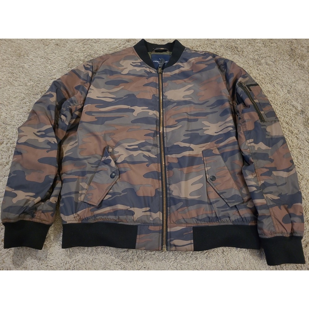 Mens American Eagle Camouflage Full Zip Long Sleeve Bomber Jacket Size Large